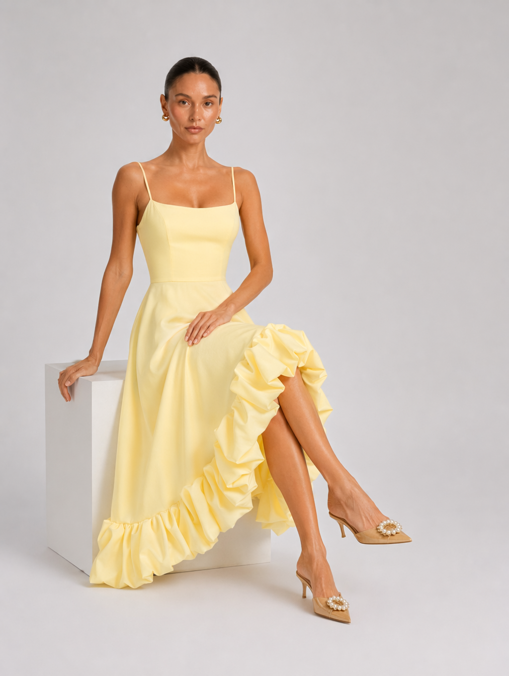 Square Neck Ruffle Hem A-Line Satin Dress