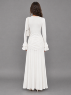 Zephrina lace-trim long-sleeve maxi dress with front drape