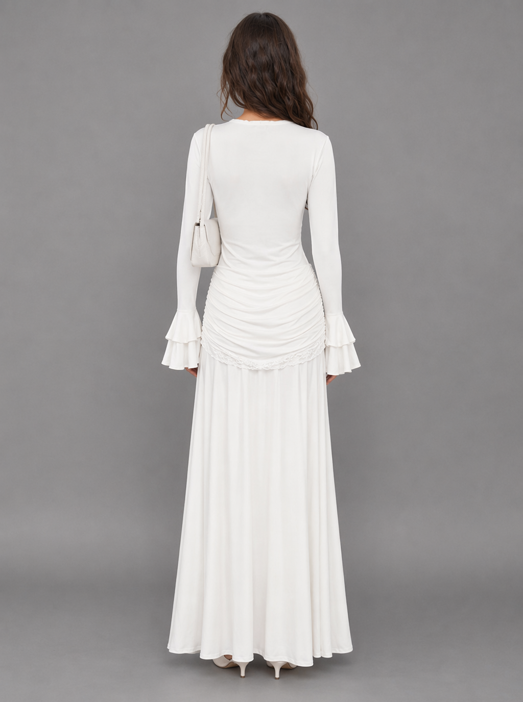 Zephrina lace-trim long-sleeve maxi dress with front drape