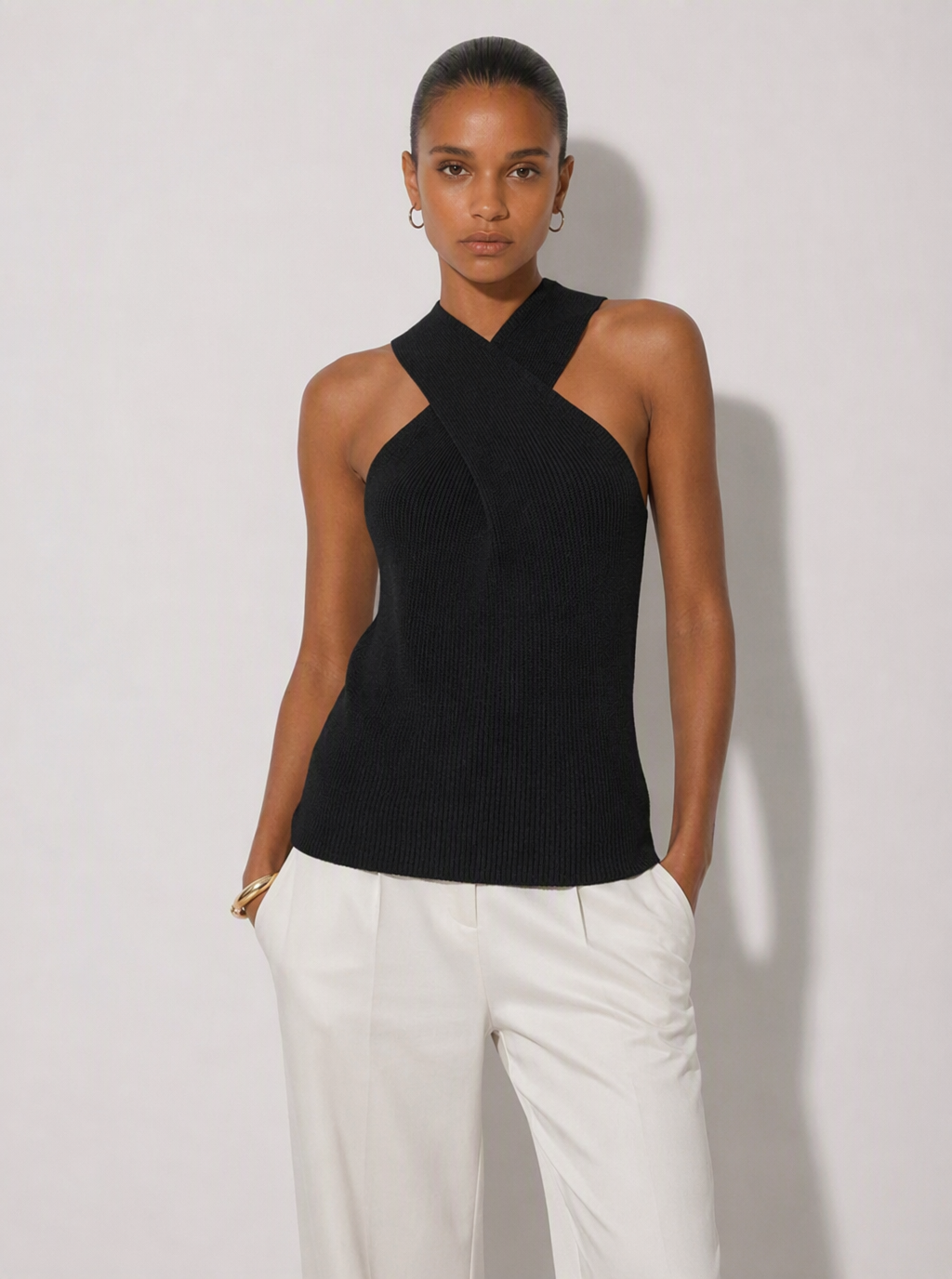 Zephrina Ondine cross halter knit top in khaki