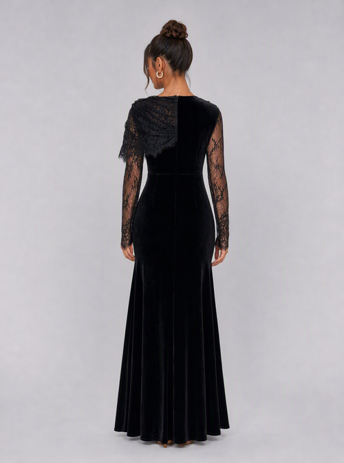 Zephrina Ariadne velvet lace slit maxi dress in black