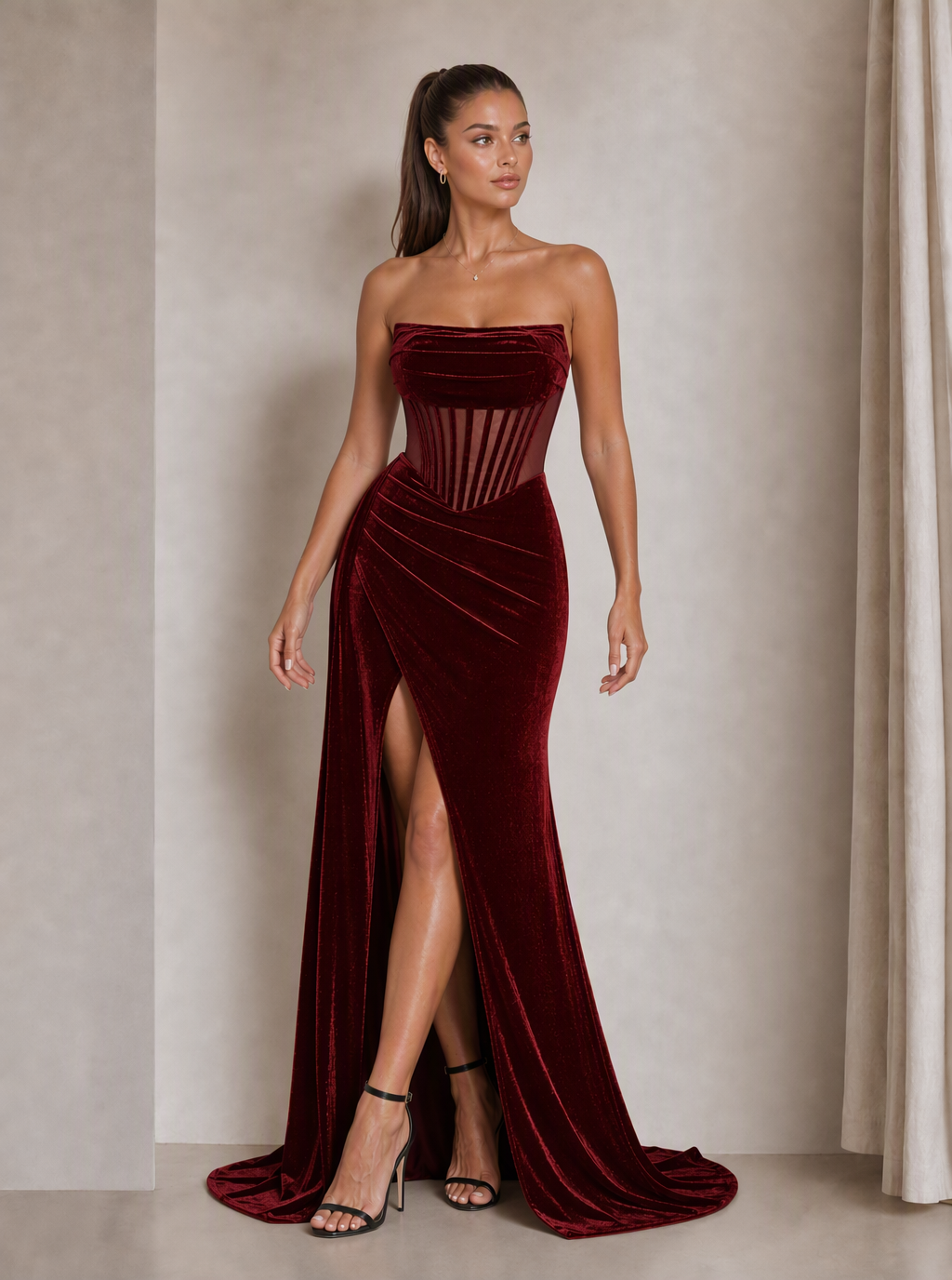Zephrina Jessamyn sheer-corset velvet maxi dress in burgundy