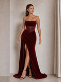 Zephrina Jessamyn sheer-corset velvet maxi dress in burgundy