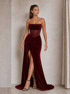 Zephrina Jessamyn sheer-corset velvet maxi dress in burgundy