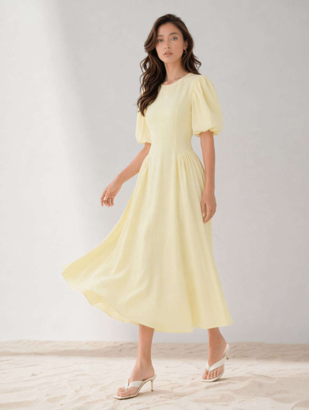 Puff Sleeve Linen Blend Midi Dress