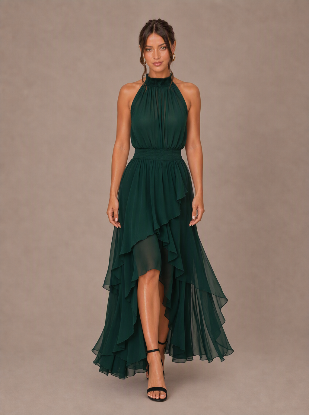 Zephrina Roseline halter ruffle high-low chiffon maxi dress in dark green