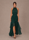Zephrina Roseline halter ruffle high-low chiffon maxi dress in dark green