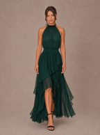Zephrina Roseline halter ruffle high-low chiffon maxi dress in dark green