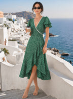Zephrina Fiora polka dot ruffle midi dress in green