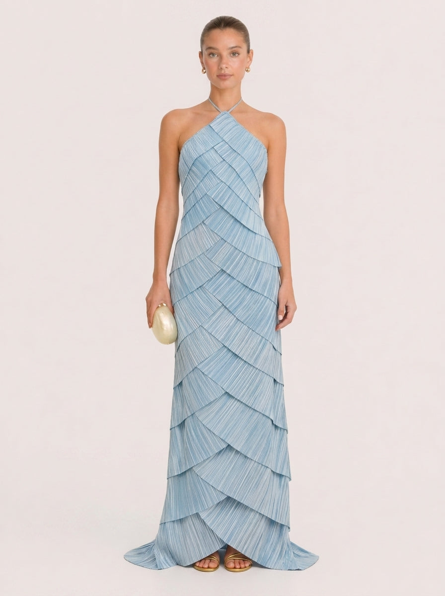 Light Blue Pleated Halter Maxi Gown