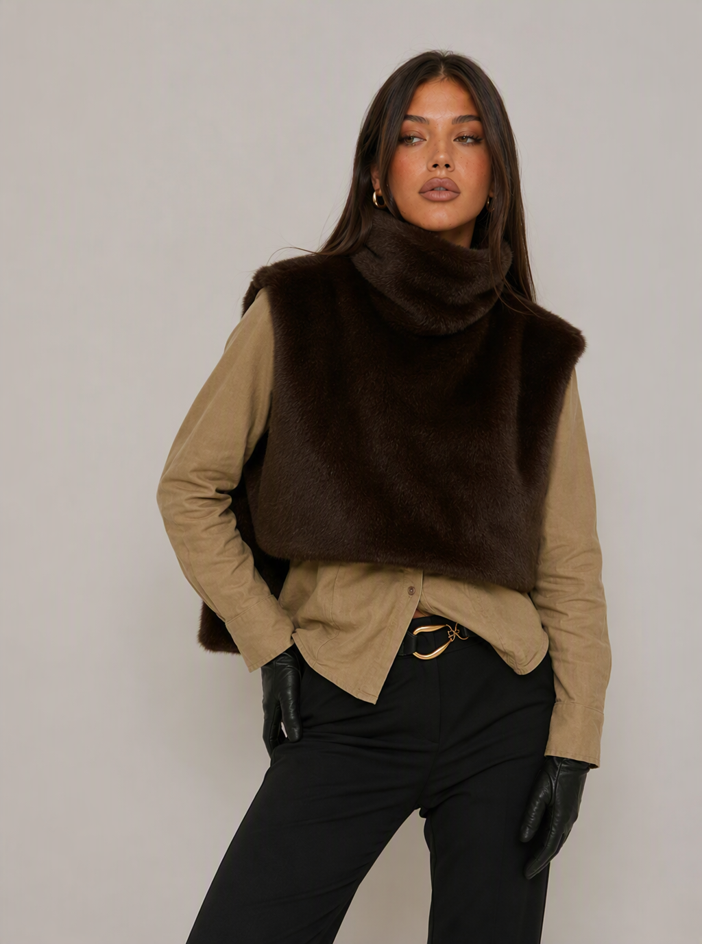 Zephrina Lilibet sleeveless faux fur coat in coffee high-low