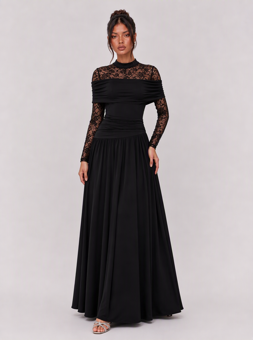 Zephrina Eulalia lace-sleeve draped maxi dress in red