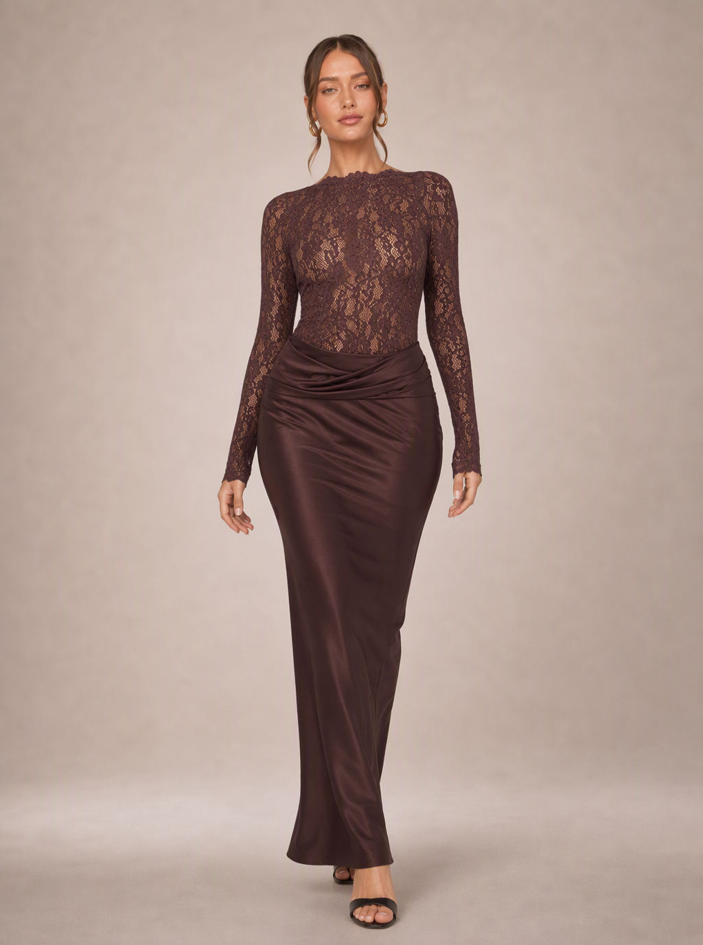 Rosavelle Lace Sleeve Satin Maxi Dress