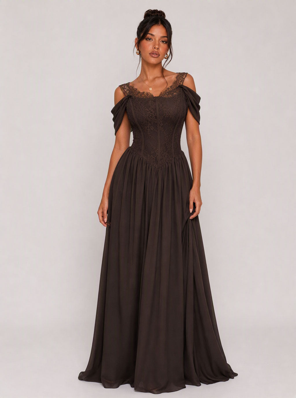 Zephrina Givara lace sleeve maxi dress in brown