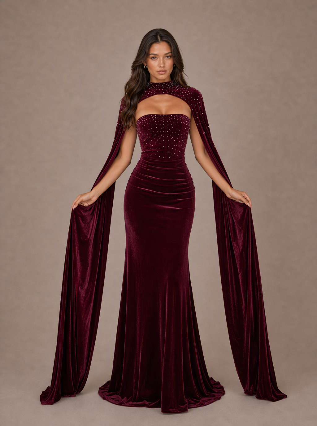 Zephrina Yseult embellished cape velvet maxi dress in burgundy