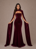 Zephrina Yseult embellished cape velvet maxi dress in burgundy
