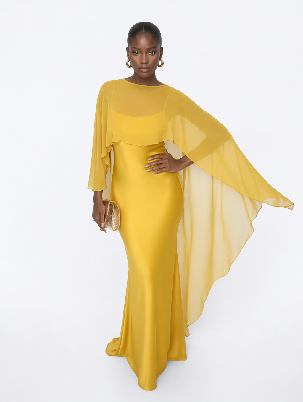 2-in-1 Cape Overlay Mermaid Maxi Dress