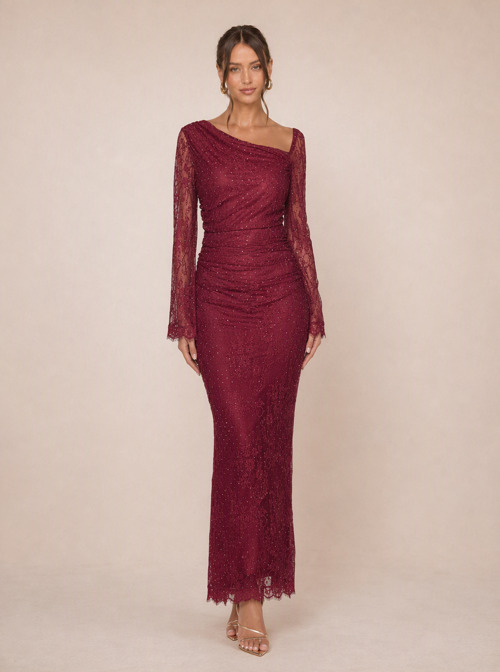 Zephrina Ismerie long-sleeve lace maxi dress in burgundy