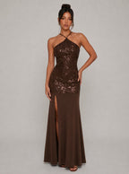 Zephrina Solara sequin halter maxi dress in coffee