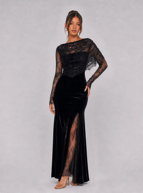 Zephrina Ariadne velvet lace slit maxi dress in black