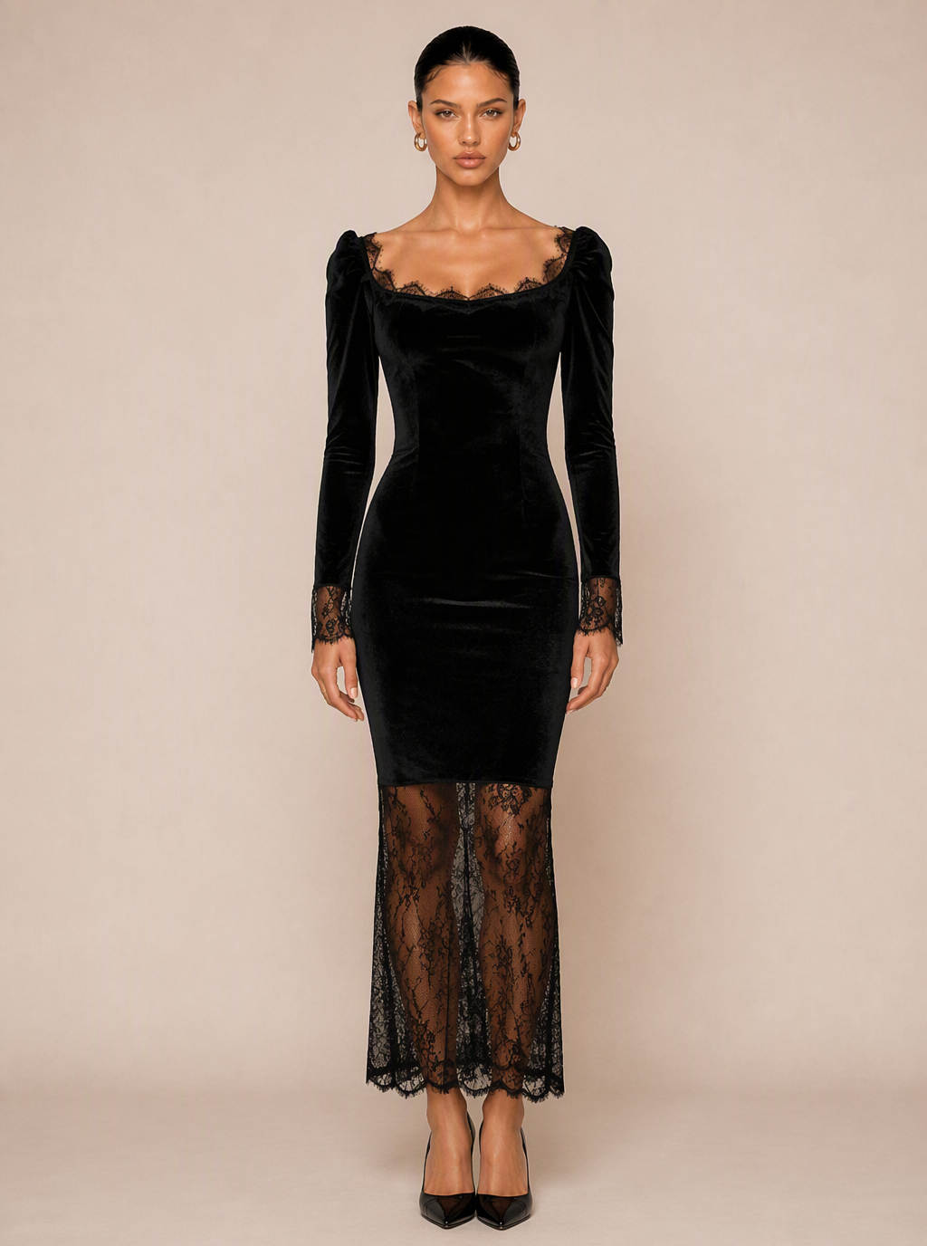 Zephrina Avelisse velvet lace-trim midi dress