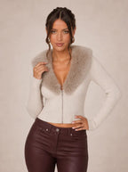 Zephrina Annalise faux-fur collar cardigan in apricot