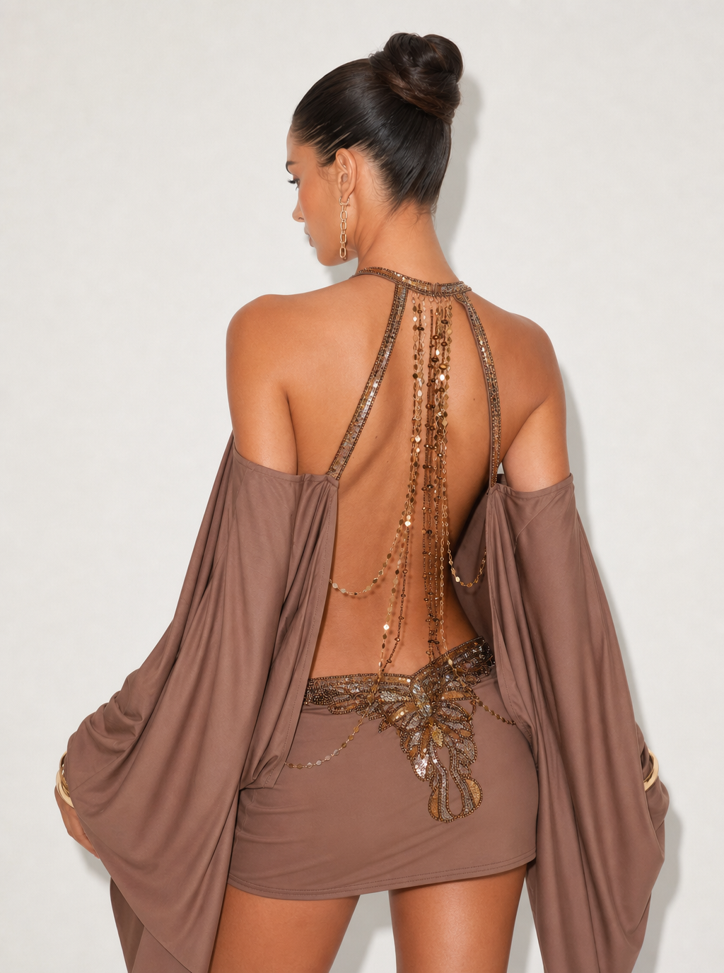 Zephrina butterfly sequin mini dress in coffee