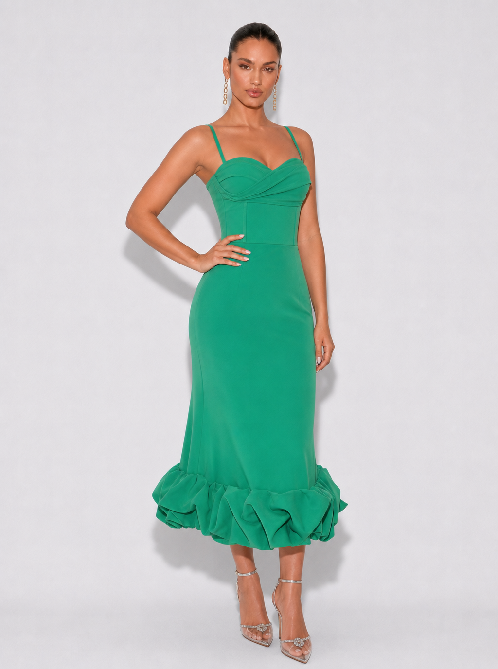 Zephrina Annelise ruffle hem knit midi dress in green