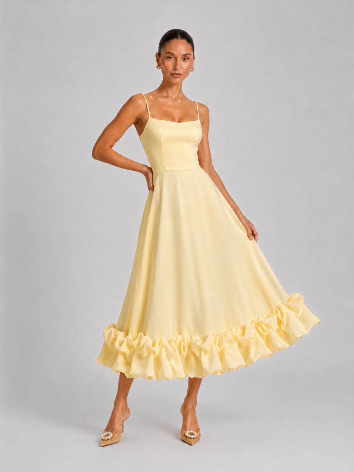 Square Neck Ruffle Hem A-Line Satin Dress