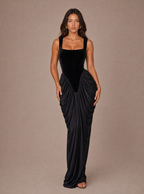 Zephrina Eluned draped contrast velvet maxi dress in black