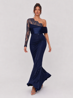 Zephrina Ottilia asymmetric lace satin maxi dress in navy