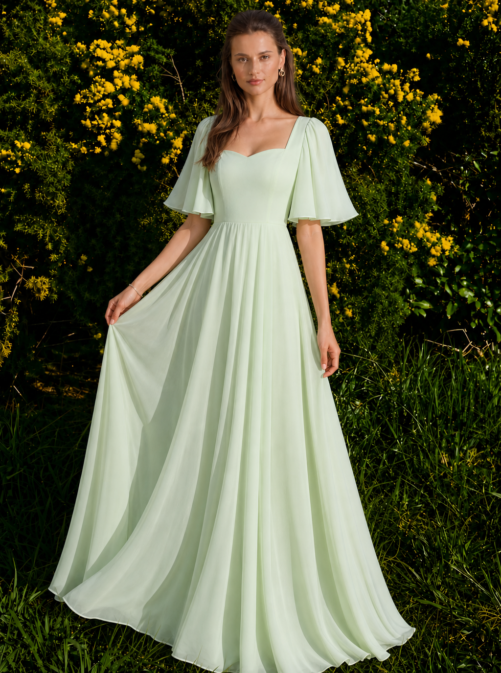 Zephrina Giselle flutter-sleeve chiffon maxi dress in yellow