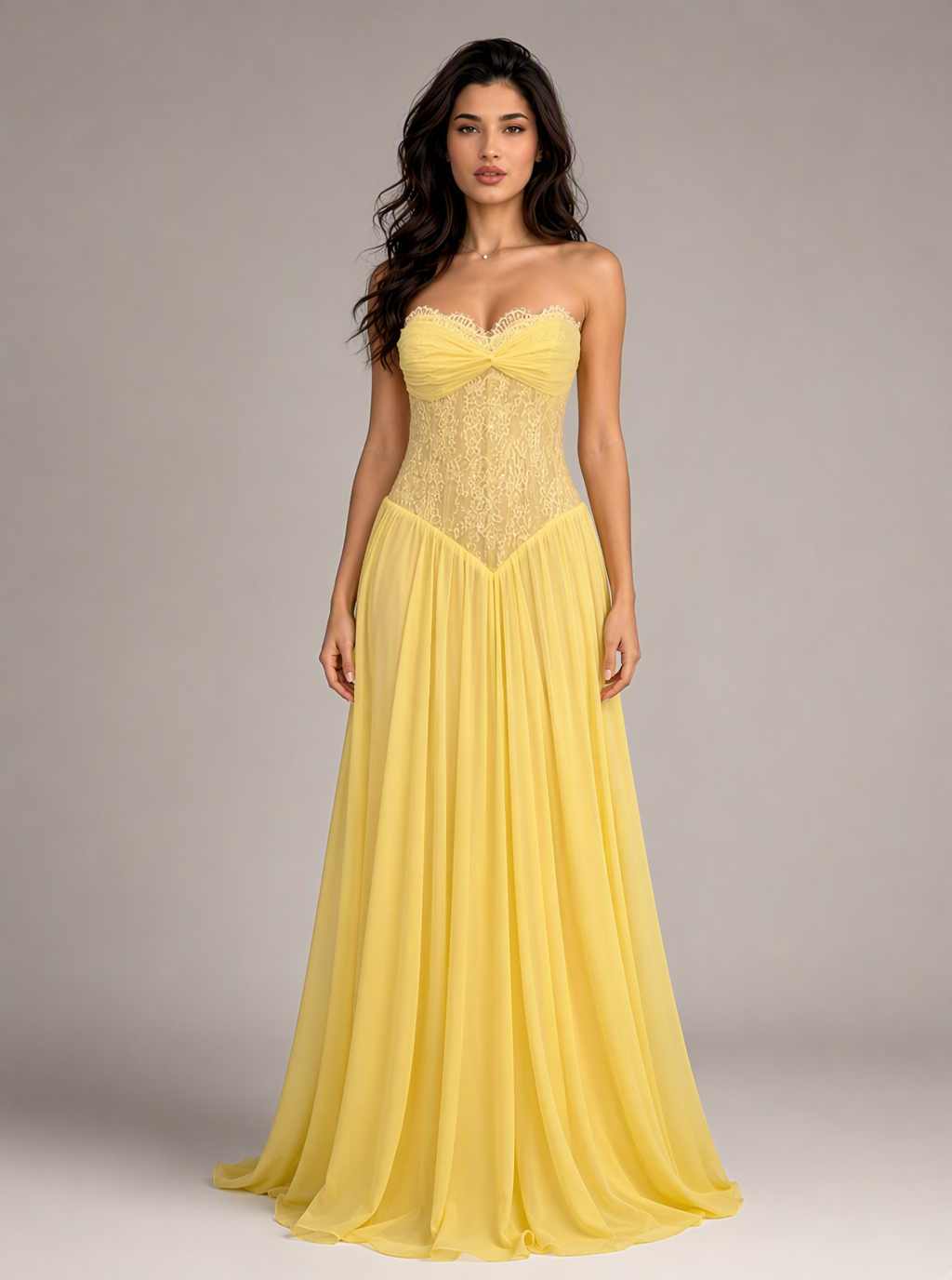 Zephrina Mireya chiffon lace maxi dress in yellow