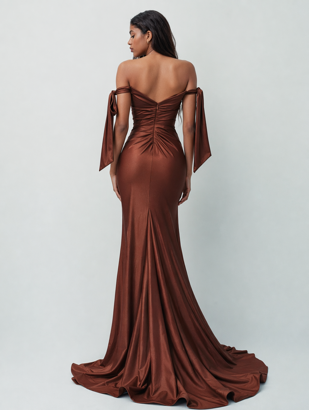Off-the-Shoulder Ruched Satin Fishtail Slit Formal Evening Dress