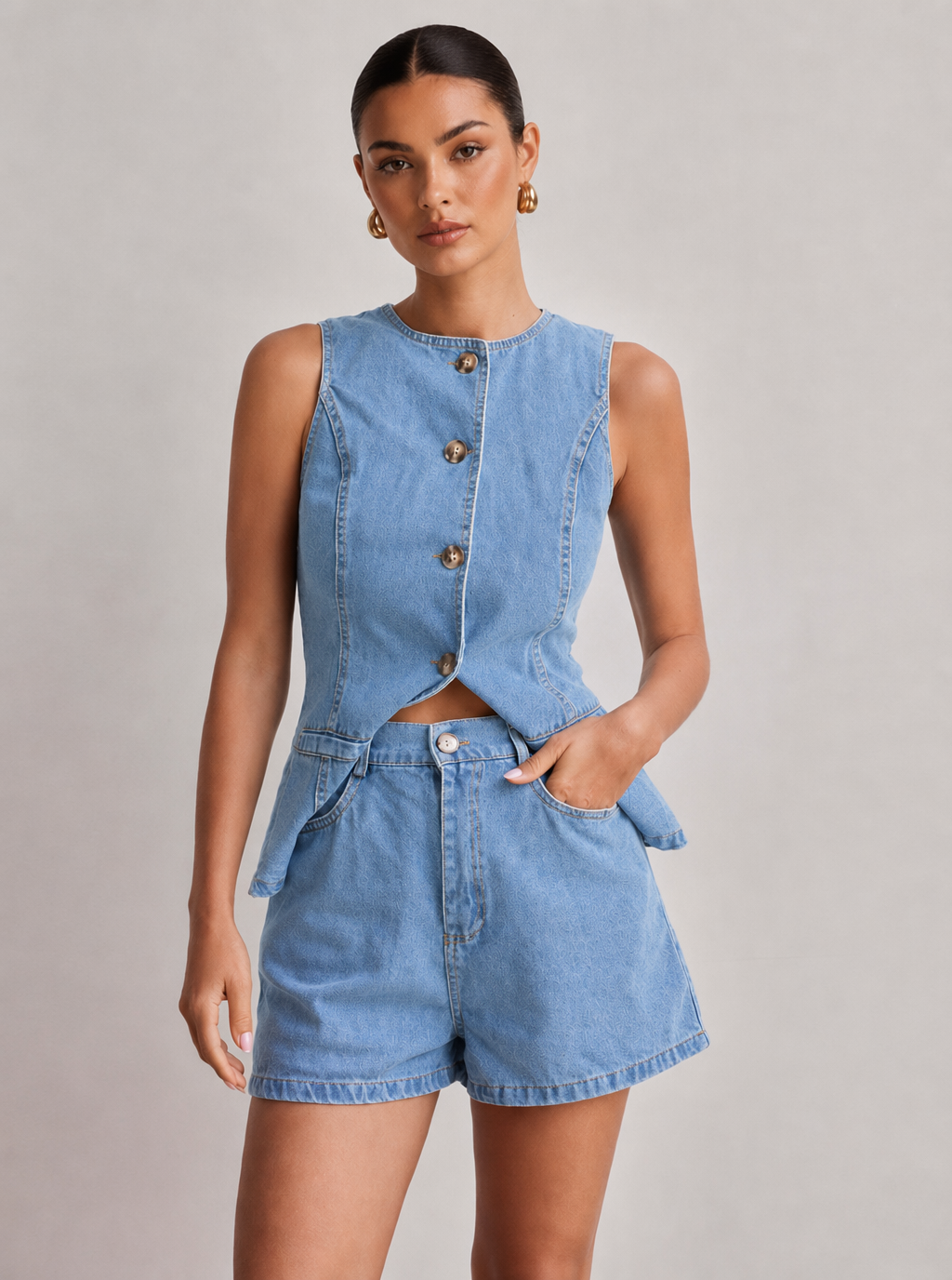 Wash Embossed Denim Vest & High Waist Short Two Piece Set