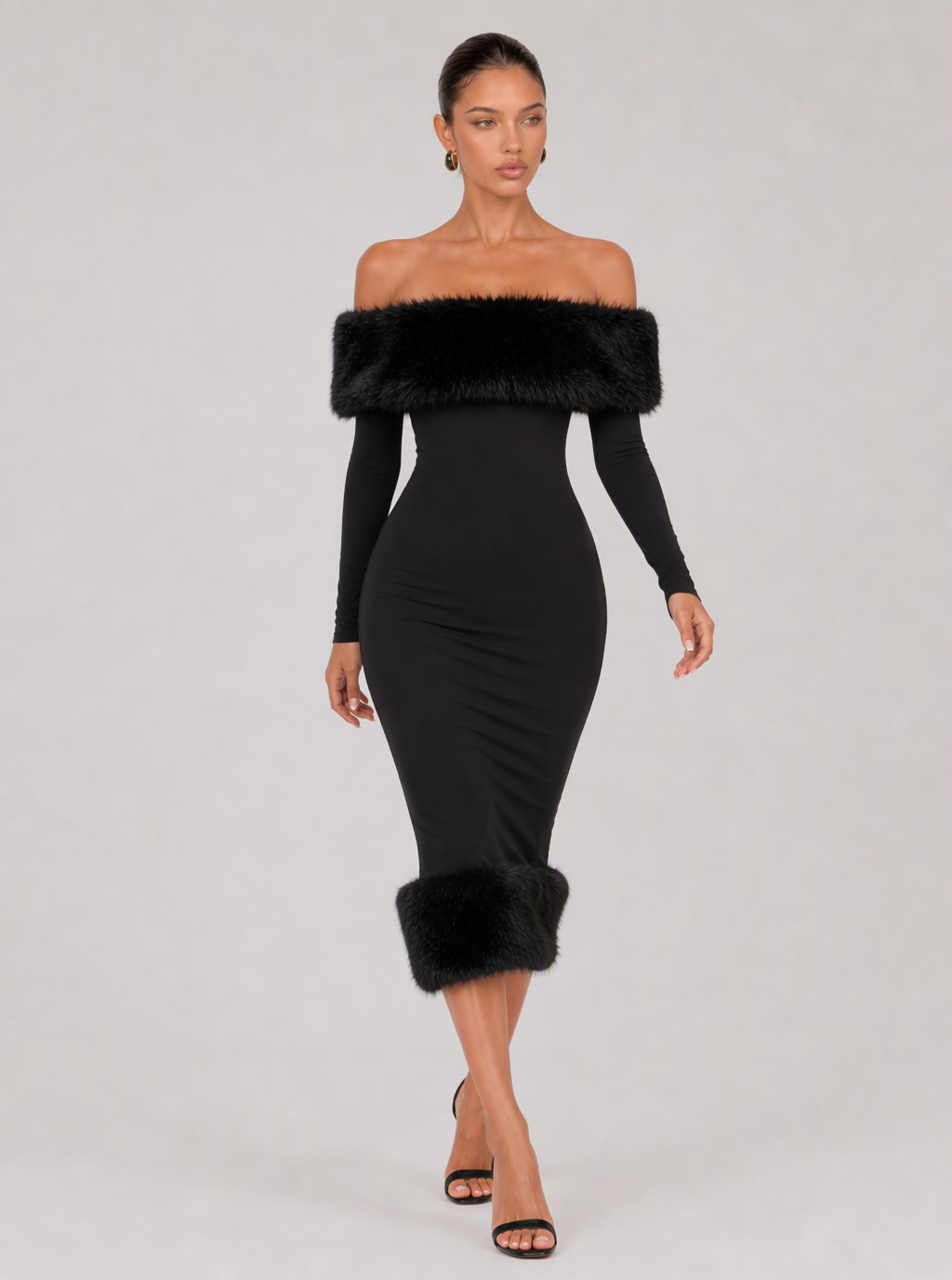 Zephrina Isabeau faux-fur trim midi dress in black