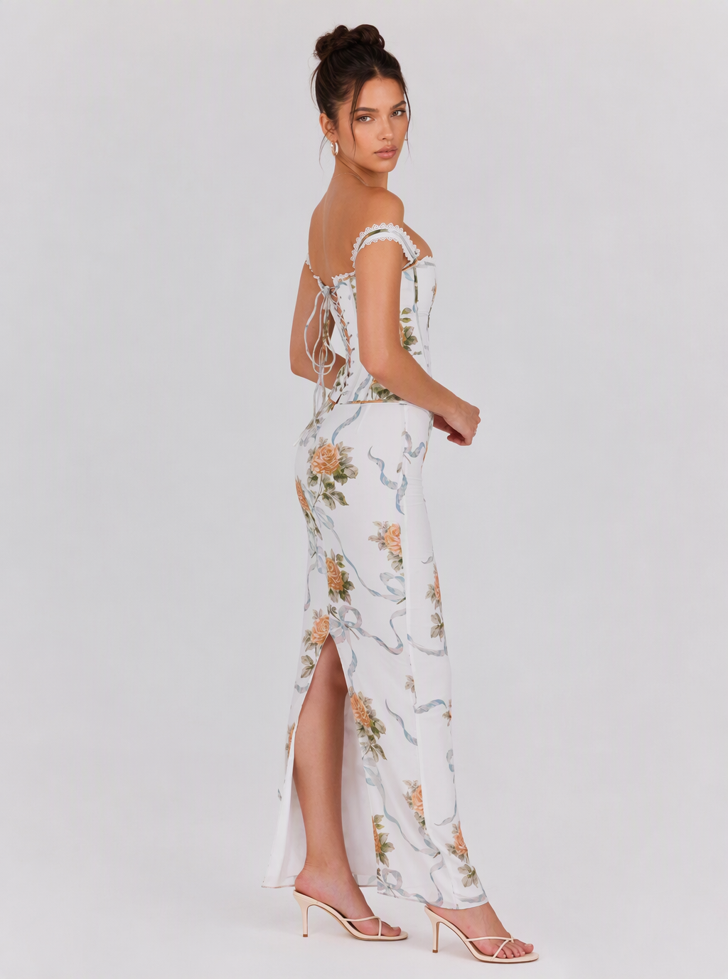 Zephrina Eglantine off-shoulder floral maxi dress in white floral print