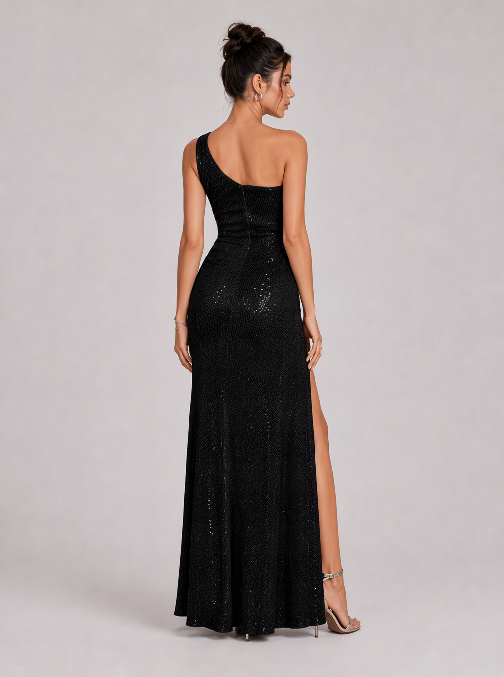 Zephrina Donatella one-shoulder sequin slit maxi dress in black