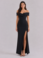 Zephrina Annemarie off-shoulder satin slit maxi dress in black
