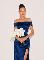 Zephrina off-shoulder satin-look slit maxi dress in navy