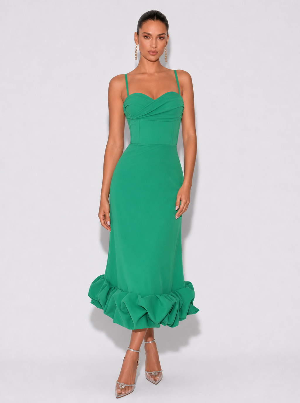 Zephrina Annelise ruffle hem knit midi dress in green