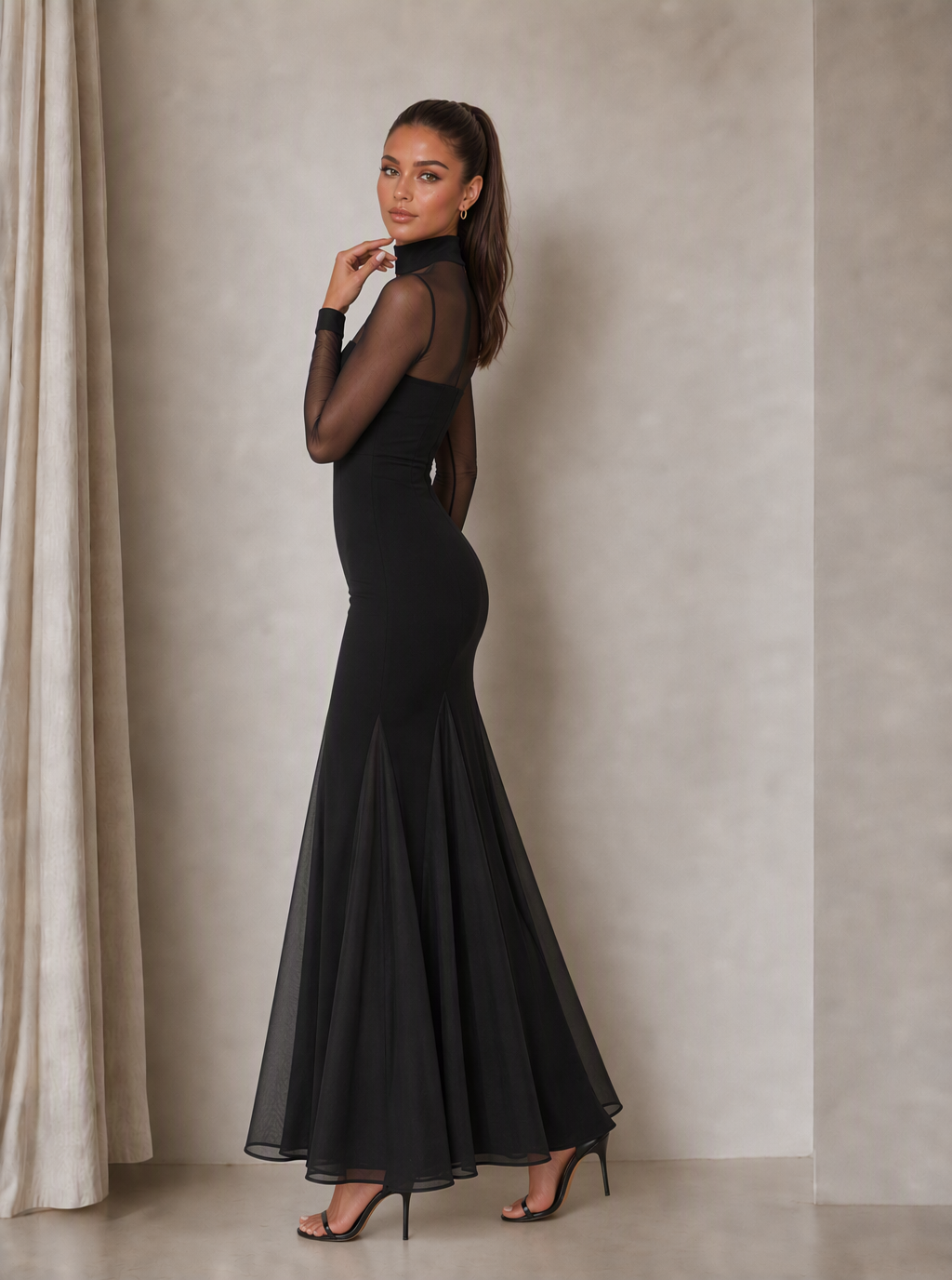 Zephrina Amarante velvet lace-sleeve wrap maxi dress in black