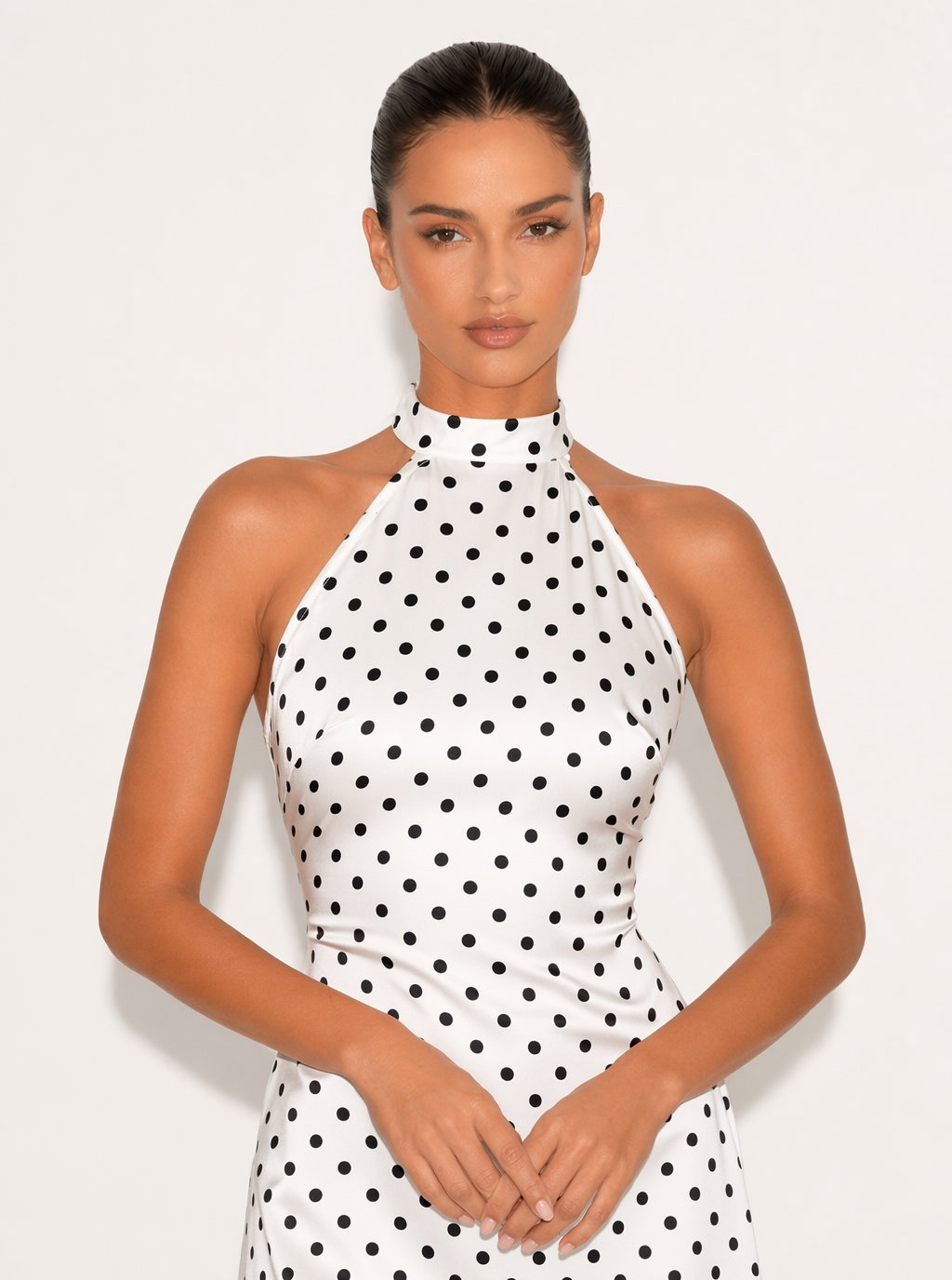 Zephrina Nerissa polka dot halter mini dress in white