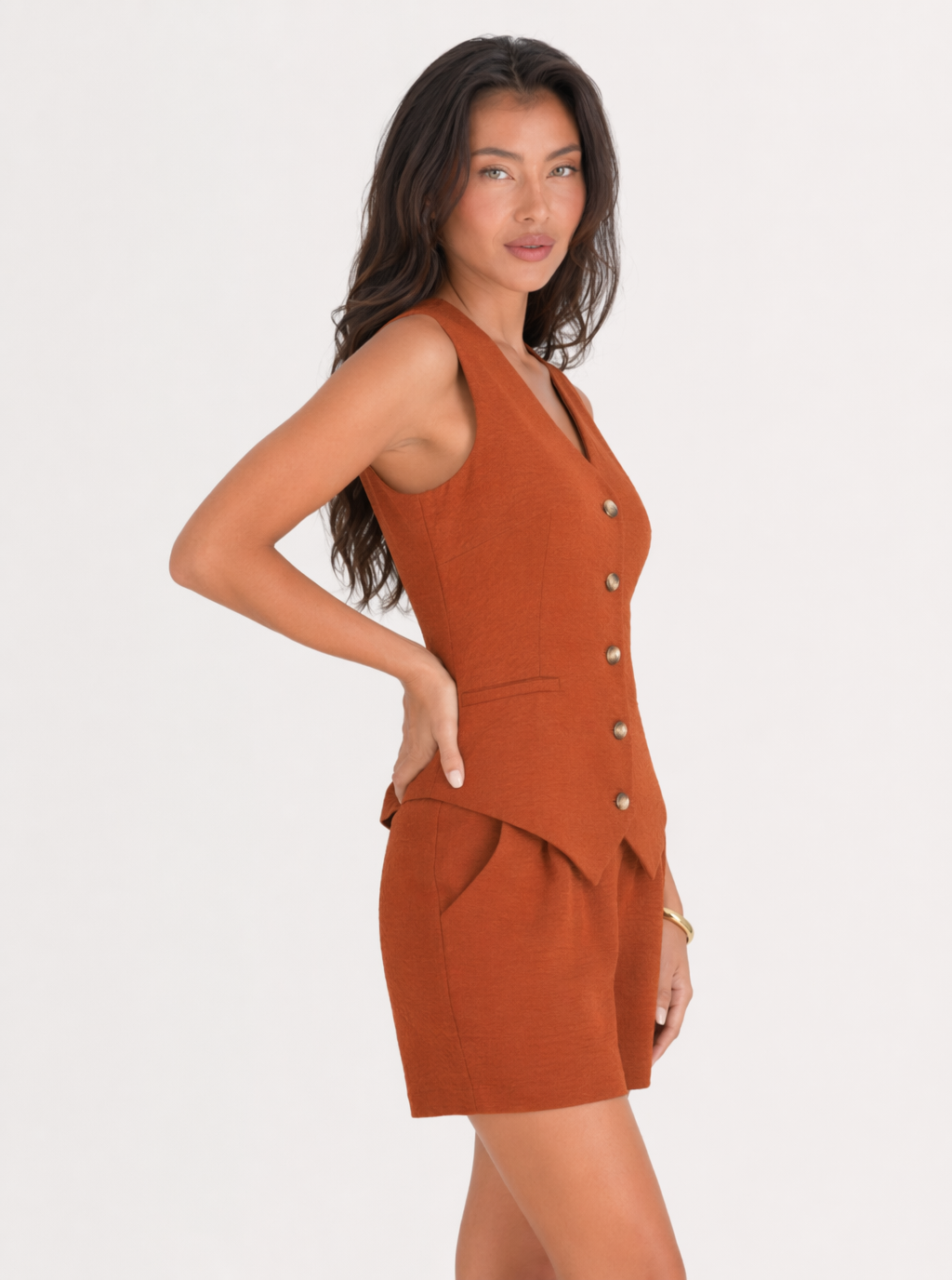 Zephrina Button-Front Tailored Vest & Shorts Set