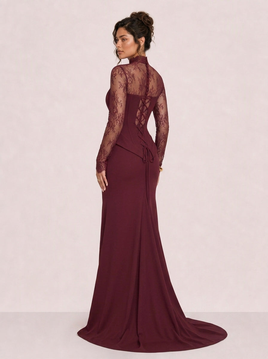 Zephrina Rosalie lace illusion maxi dress in burgundy
