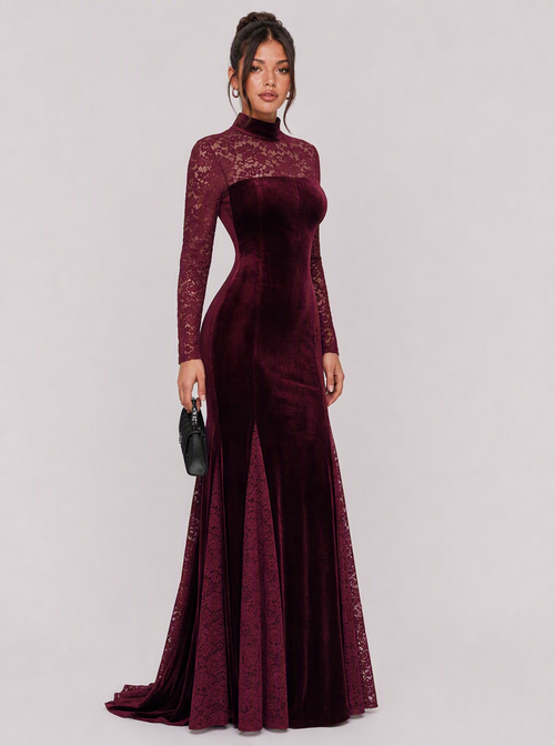 Zephrina Valeriane velvet lace maxi dress in burgundy