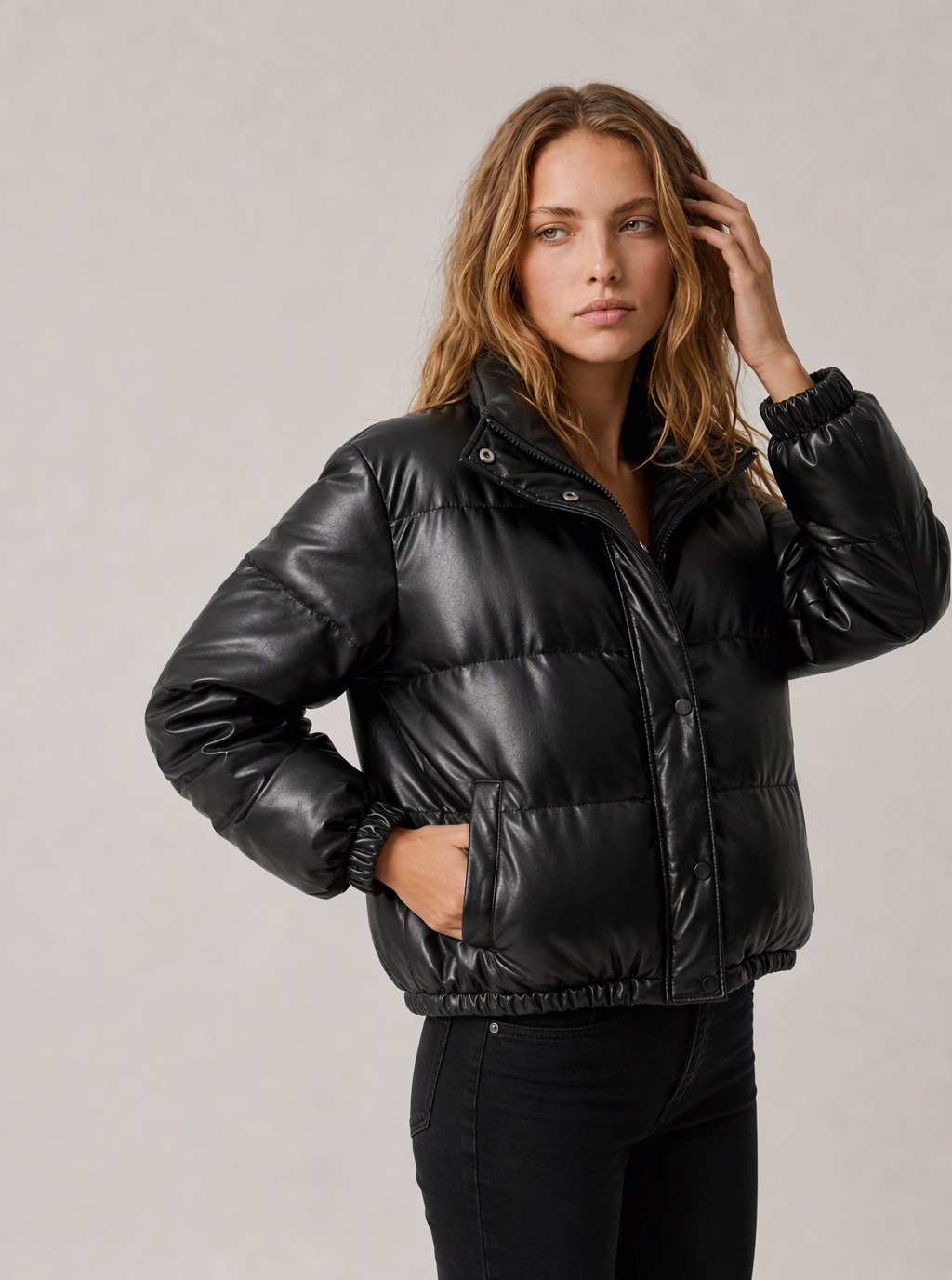 Zephrina Anneliese faux leather quilted puffer jacket in black
