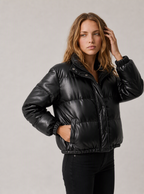 Zephrina Anneliese faux leather quilted puffer jacket in black