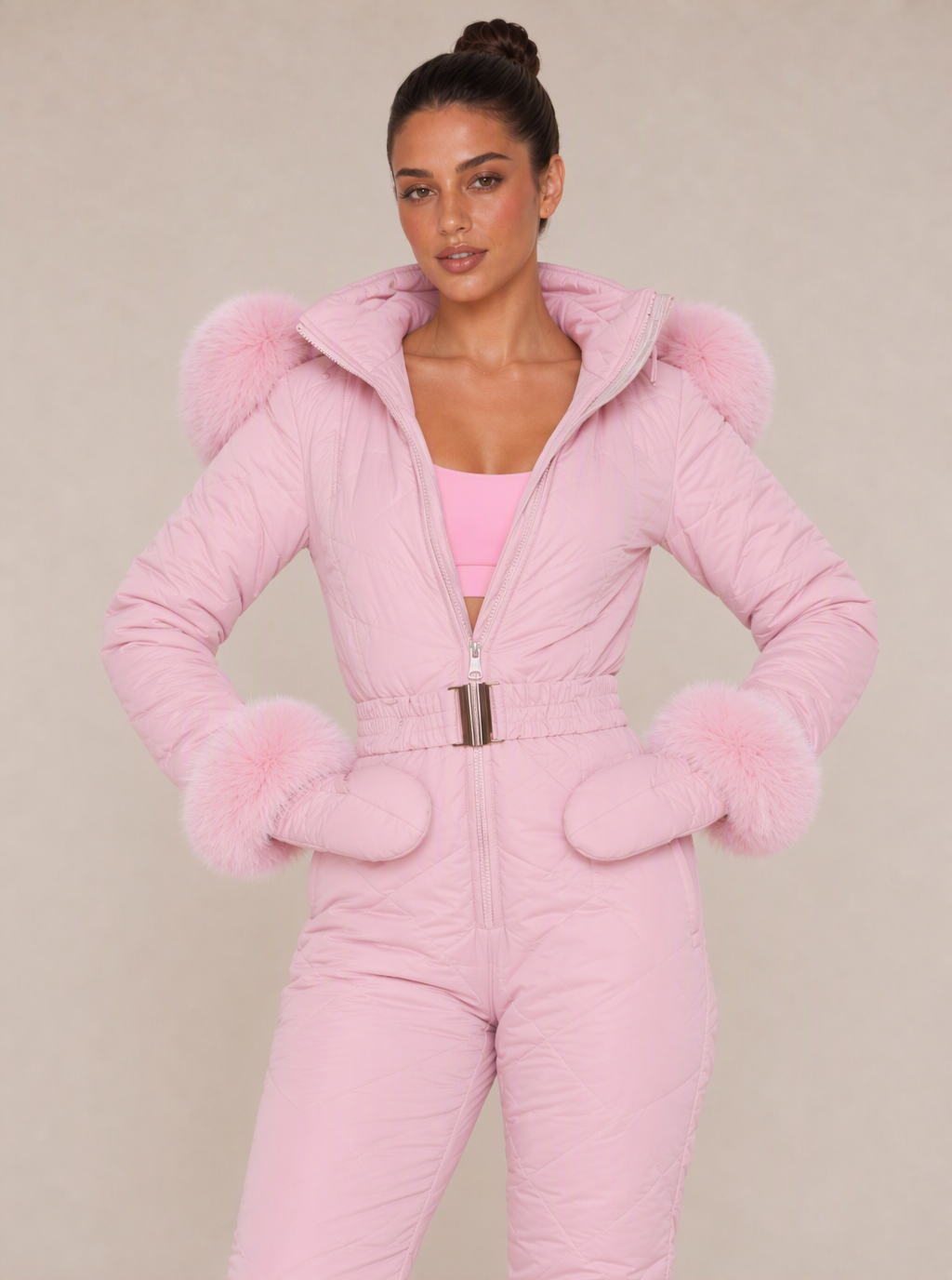 Zephrina Eydis plush-trim quilted one-piece ski suit in pink