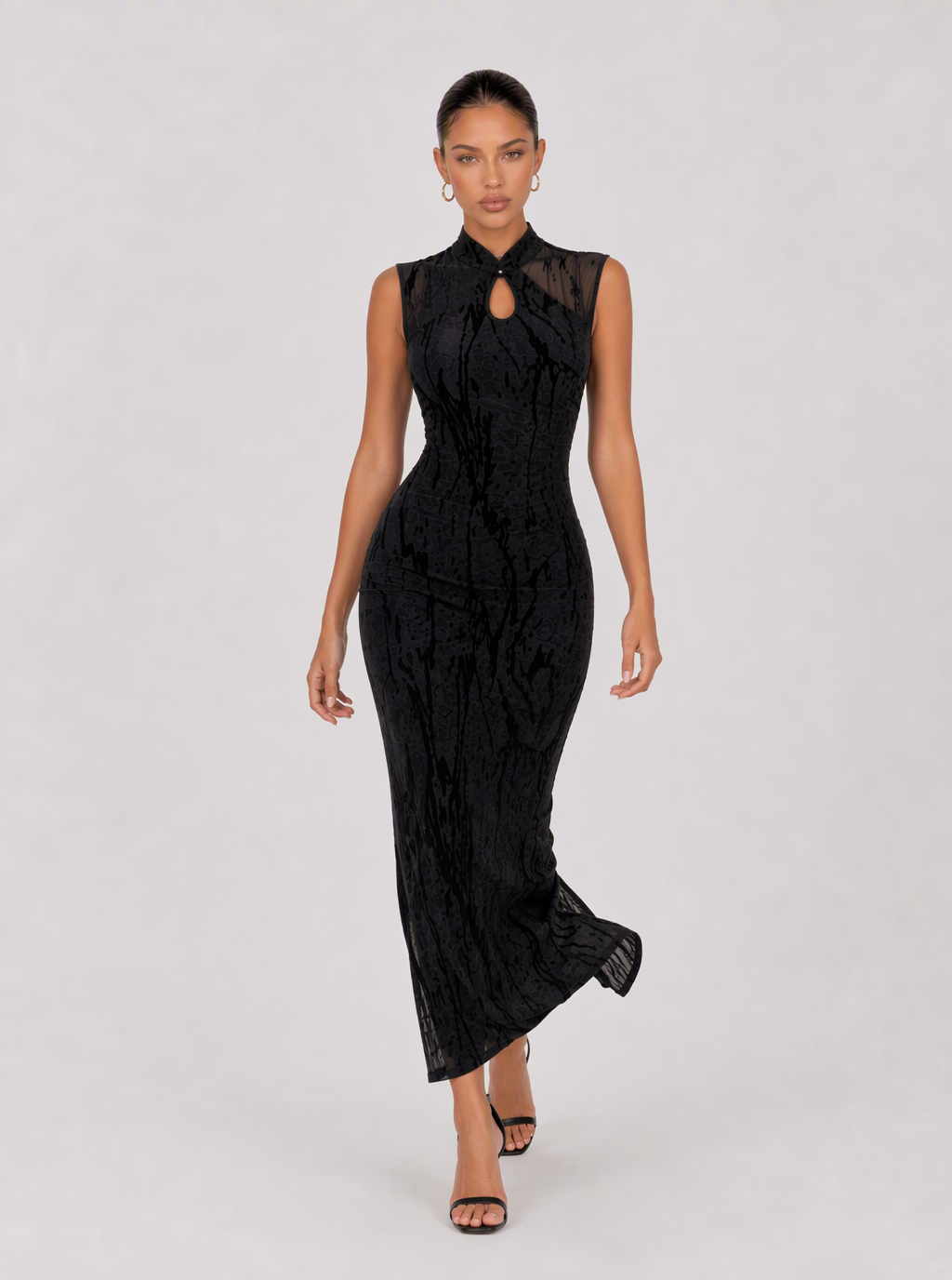 Zephrina Ottoline keyhole textured maxi dress in black